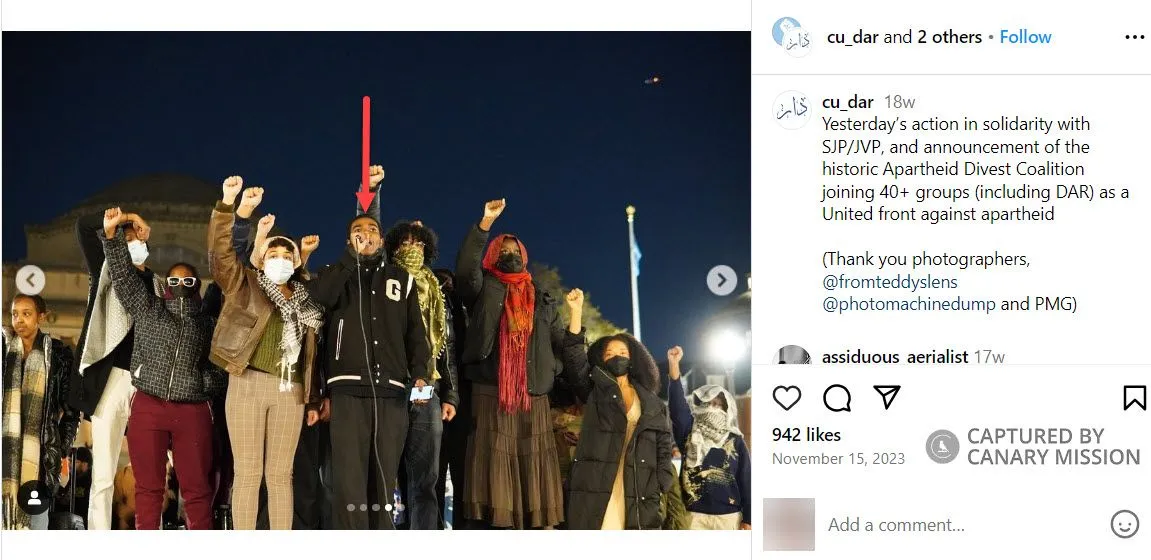 Jones speaks at a nighttime rally announcing Columbia's Apartheid Divest Coalition with SJP, JVP, and other radical groups.